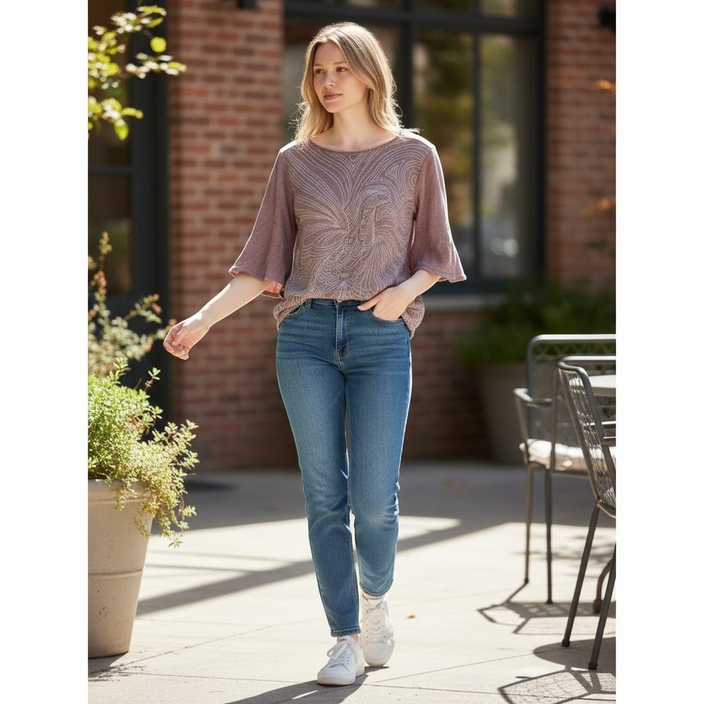Akemi + Kin Anthropologie Top Womens Small Phoenix Embroidered Bell Sleeve Mauve